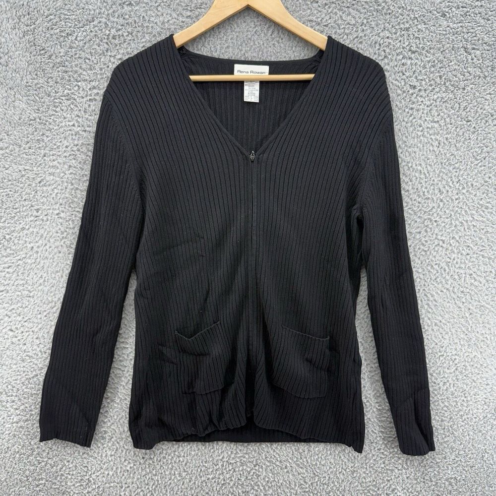 Rena Rowan Womens L Zipper‎ Sweater Cardigan Ribbed Black Long Sleeve Stretch